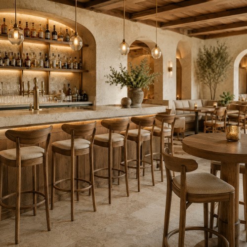 Wooden bar stools, bar counter and tables in a premium modern pub interior