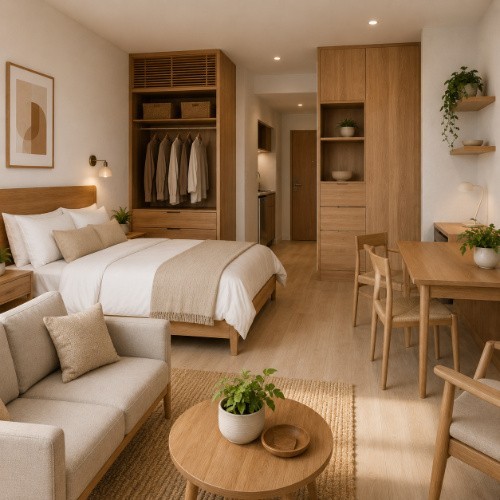 Custom Airbnb furniture package with made-to-fit bed, storage units, lounge seating and dining furniture