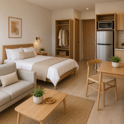 Luxury Airbnb furniture package with premium wooden furniture, elegant seating, dining area and refined interiors