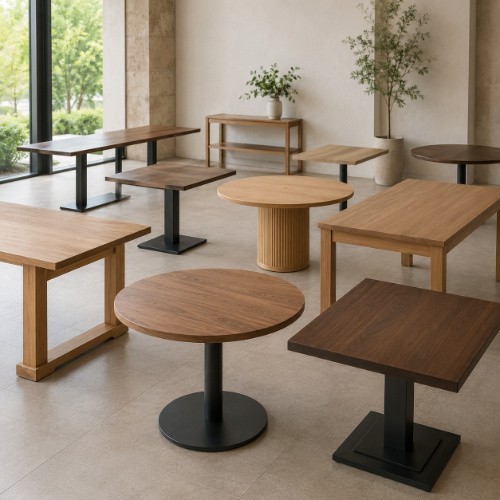 Collection of round, square and rectangular wooden restaurant tables
