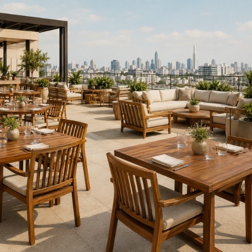 Wooden rooftop restaurant dining and lounge furniture with city views