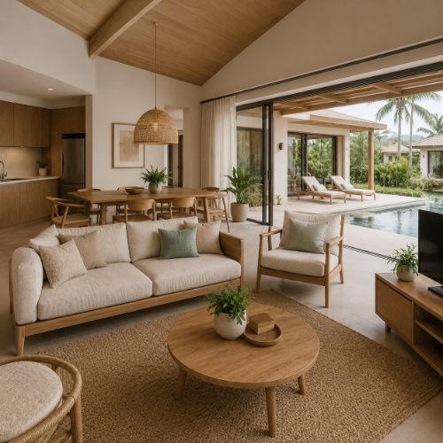 Villa and holiday-home furniture package with wooden living room furniture, dining set and poolside view