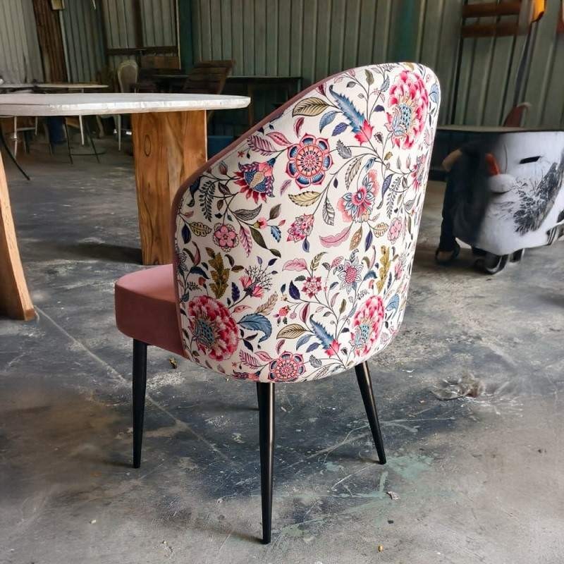 Blush Pink Velvet Accent Chair with Floral Printed Backrest & Removable Black Wooden Legs – Dining Chair gallery