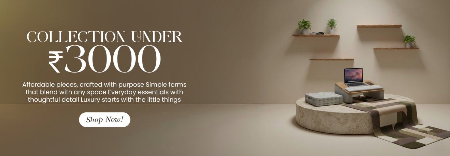 Affordable home furniture collection under ₹3,000 featuring floating shelves, floor seating and a laptop table