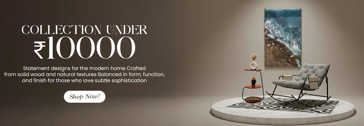 Modern furniture collection under ₹10,000 featuring a rocking chair, wooden side table and home décor