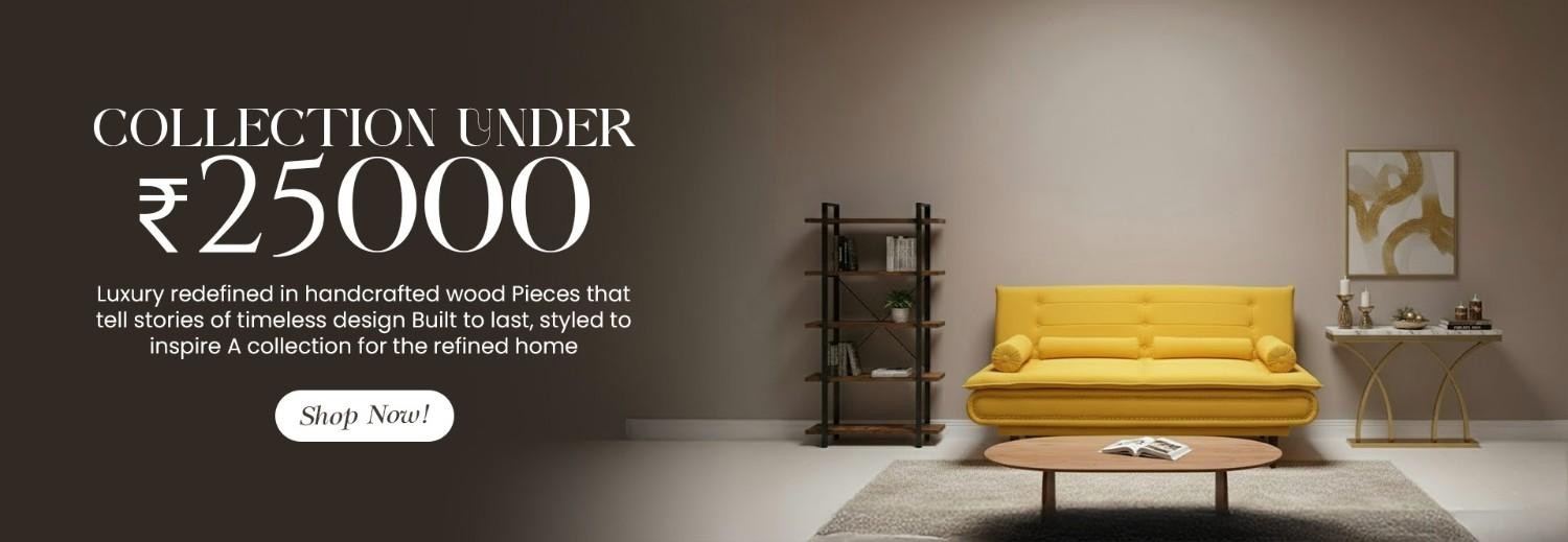 Premium handcrafted furniture collection under ₹25,000 featuring a yellow sofa, coffee table and wooden shelf