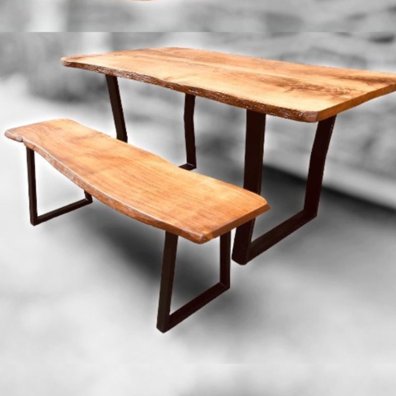 Farmhouse Live Edge Solid Wood Dining Table with Bench