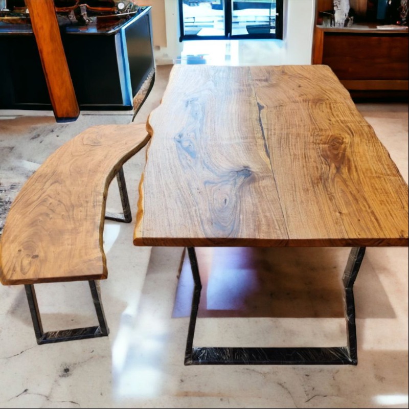 Farmhouse Live Edge Solid Wood Table With Bench | Live Edge Dining Table | Farmhouse Live Edge Solid Wood Table With Bench