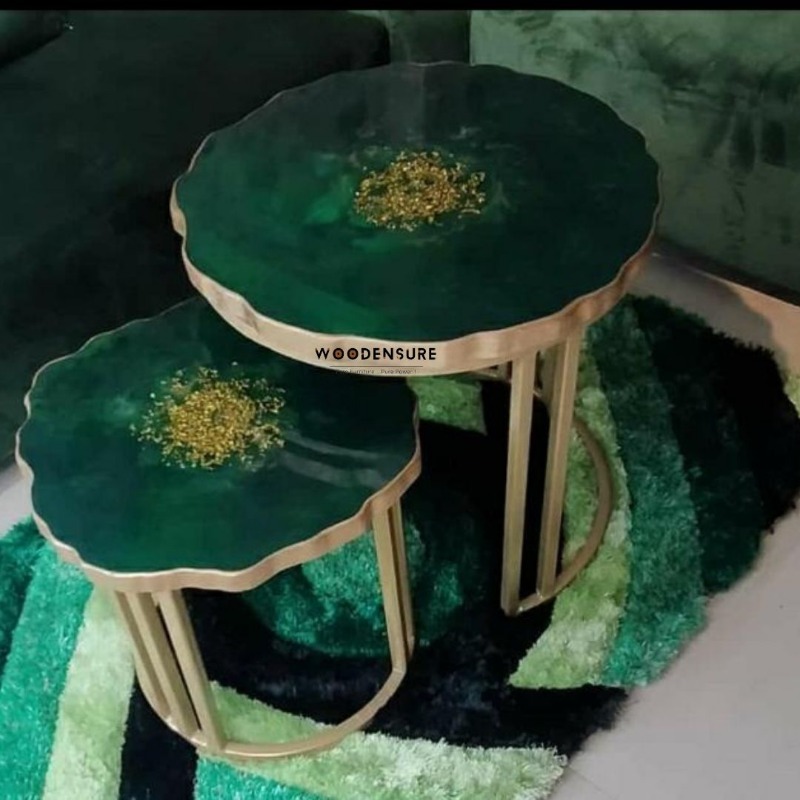Woodensure Gold Green Epoxy Resin Nesting Table Round d...