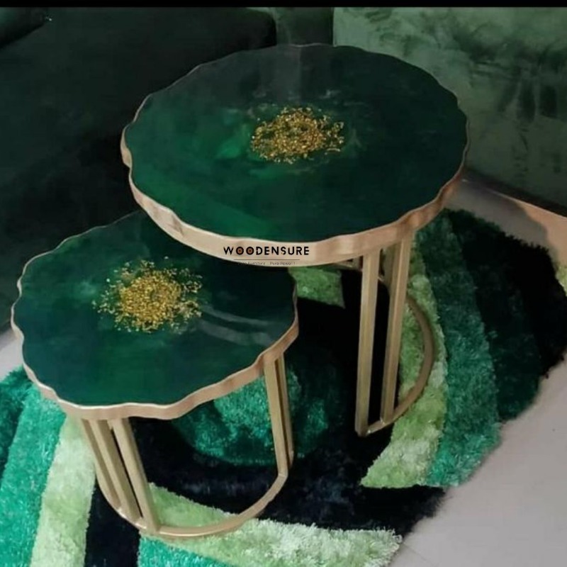 Woodensure Gold Green Epoxy Resin Nesting Table Round d... | Epoxy Resin Nesting Table | Woodensure Gold Green Epoxy Resin Nesting Table Round d...