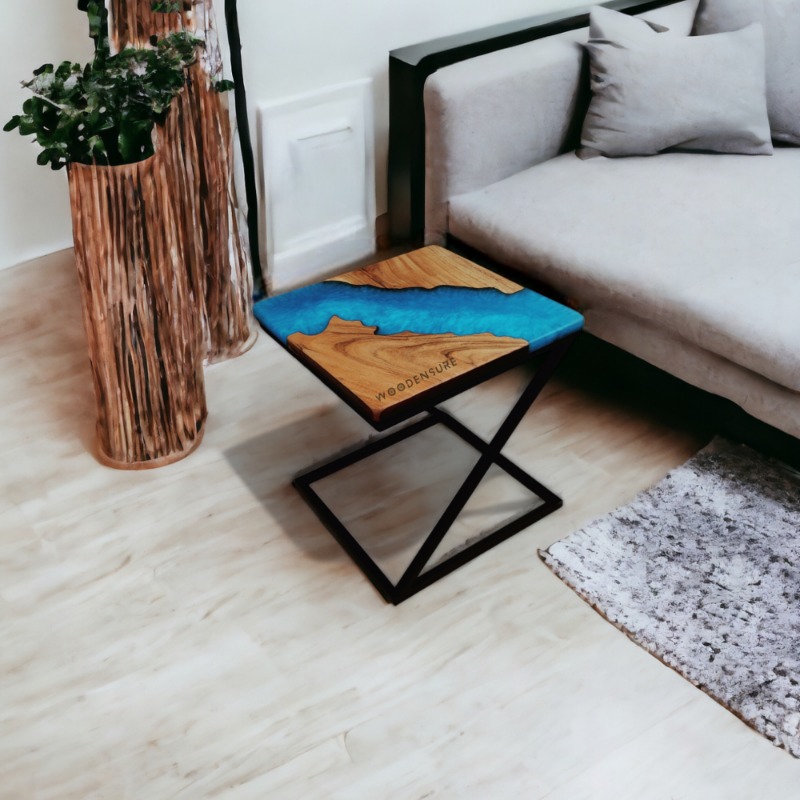 Wooden Coffee Table . Blue River Design . Blue Epoxy Re...