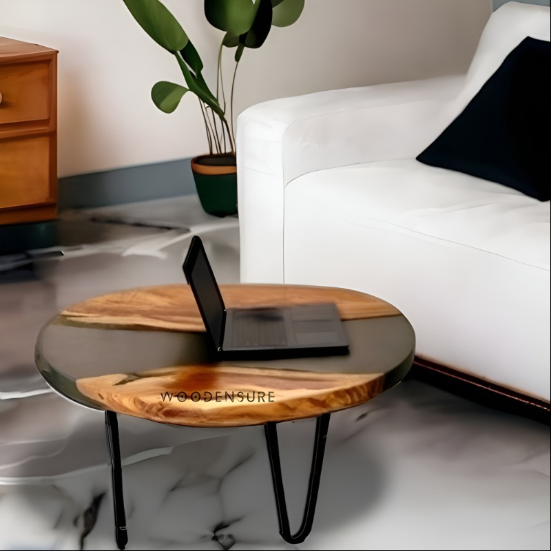 Acacia Wood Transparent Black Epoxy Center  Table  Uniq...
