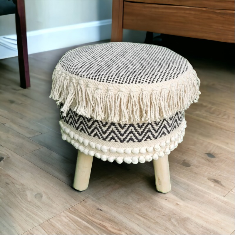 Archaic Cotton Round Stool POUFFE Ottoman Footstool Cha...