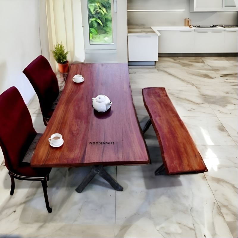 Woodie Live Edge Solid Wood Table With Bench | Live Edge Dining Table | Woodie Live Edge Solid Wood Table With Bench