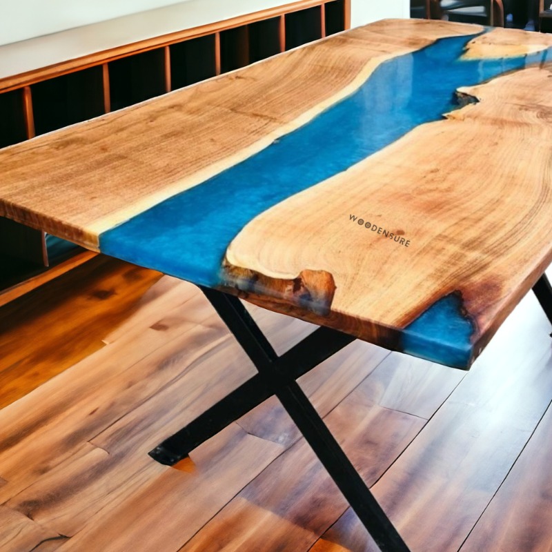 Azure Epoxy Resin River Solid Wood & Metal Frame Table | Epoxy Resin Dining Table | Azure Epoxy Resin River Solid Wood & Metal Frame Table