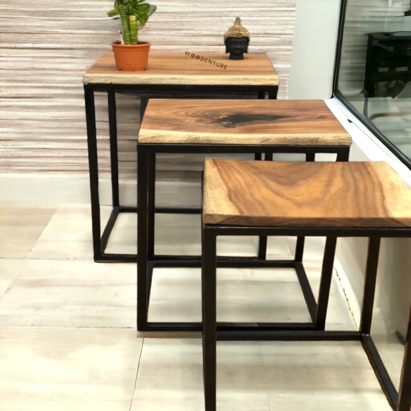 Troika Solid Wood & Metal Frame Live Edge Nesting Table... | Solid Wood Nesting Table | Troika Solid Wood & Metal Frame Live Edge Nesting Table...
