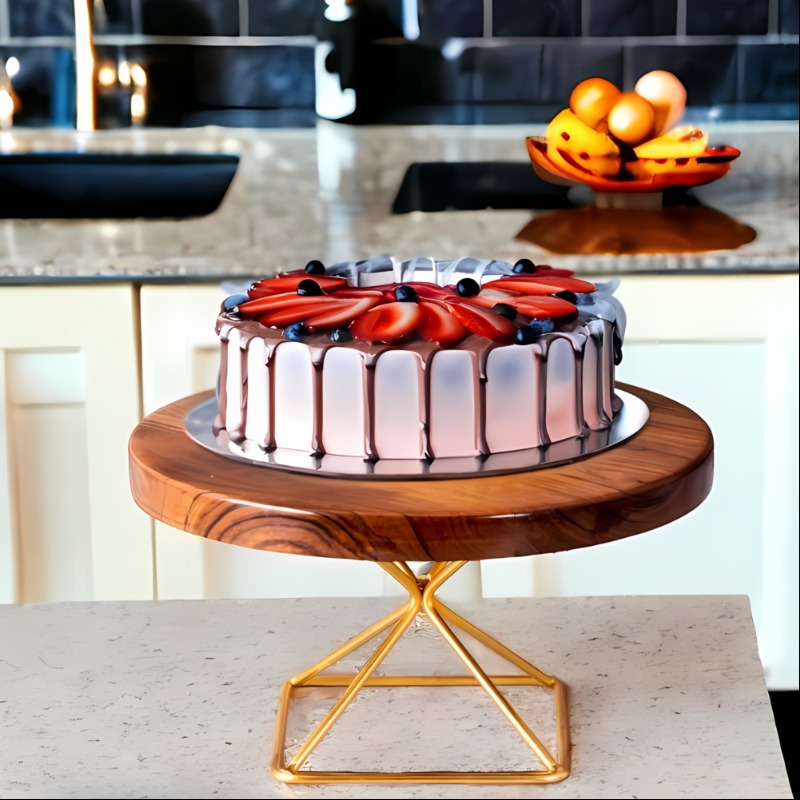 Spree Solid Wood and Metal Metal Frame Matt Gold Cake Stand