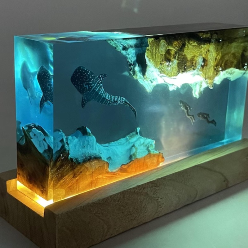 Whale Sharky Dive  Epoxy Resin & Wood Lamp | Lamps | Whale Sharky Dive  Epoxy Resin & Wood Lamp
