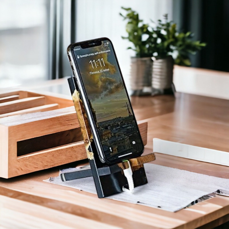 Onyx Black Epoxy Resin & Solid Wood Phone Holder Stand