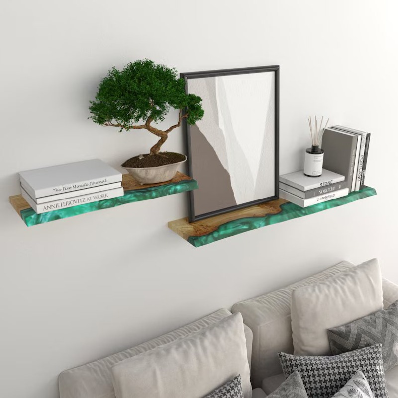 Mint Epoxy Resin live Edge wood Wall Shelf | Shelf | Mint Epoxy Resin live Edge wood Wall Shelf