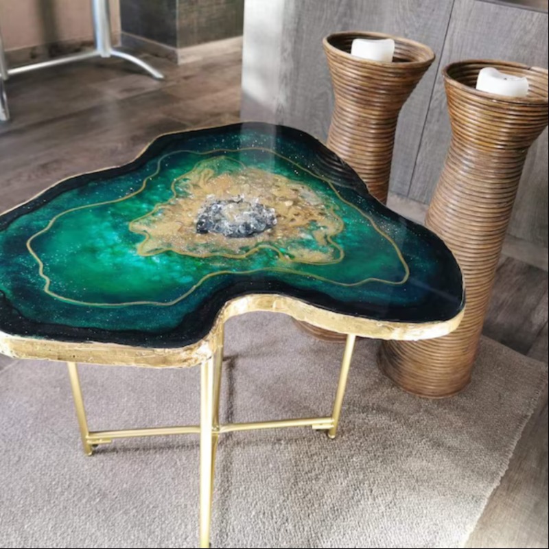 Leafage Golden Green Epoxy Resin With Coffee Table | Epoxy Resin Coffee Table | Leafage Golden Green Epoxy Resin With Coffee Table