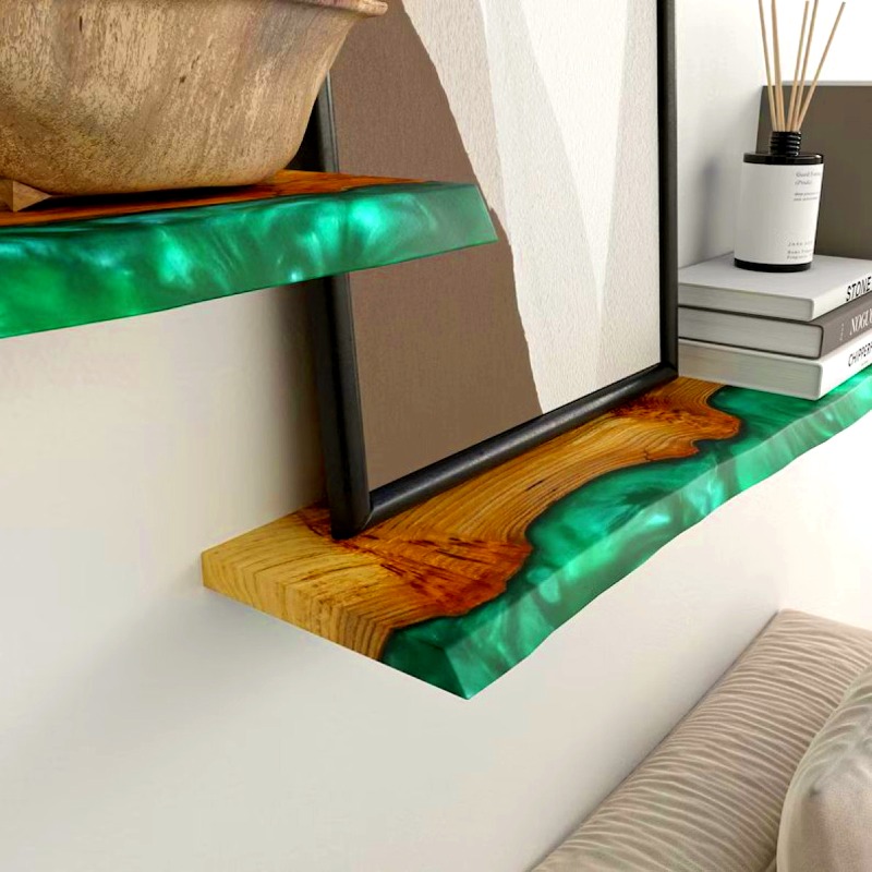 Mint Epoxy Resin live Edge wood Wall Shelf | Shelf | Mint Epoxy Resin live Edge wood Wall Shelf