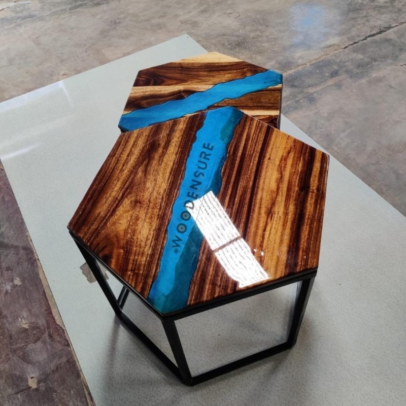 Hexa Blue River Epoxy Solid Wood Metal Frame Nesting Table Set of 2