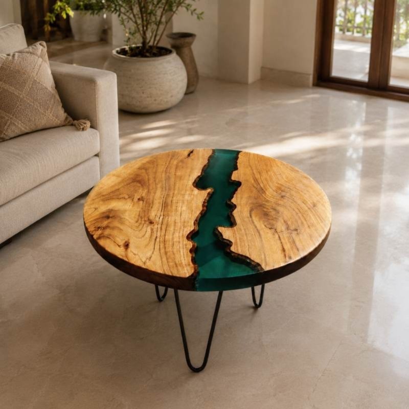 Aqua Line  Blue Epoxy Resin River & Solid Wood Center Table