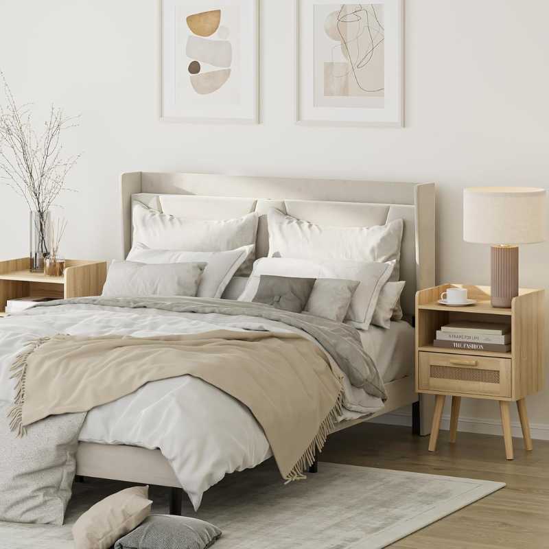 Liora Nightstand, Wood Finish with Woven Drawer @20% Of... | Solid Wood Side Table | Liora Nightstand, Wood Finish with Woven Drawer @20% Of...