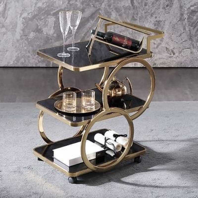GoldServe Bar Serving Cart | Black Glass with Gold Fram... | Bar Trolly | GoldServe Bar Serving Cart | Black Glass with Gold Fram...