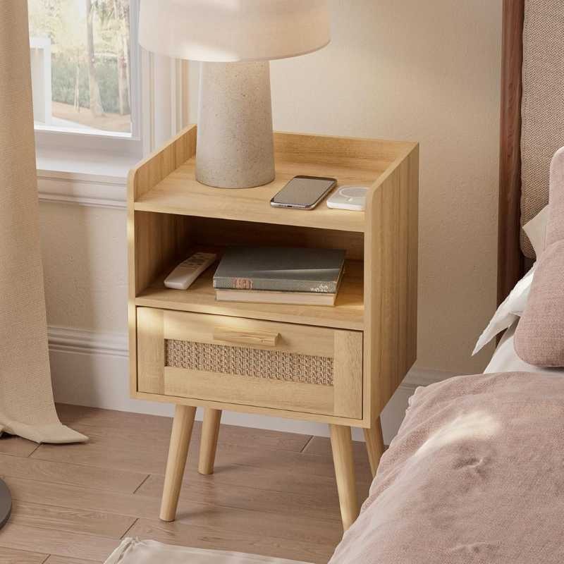 Scandinavian Wooden Bedside Table with Cane Drawer & Op... | Solid Wood Side Table | Scandinavian Wooden Bedside Table with Cane Drawer & Op...