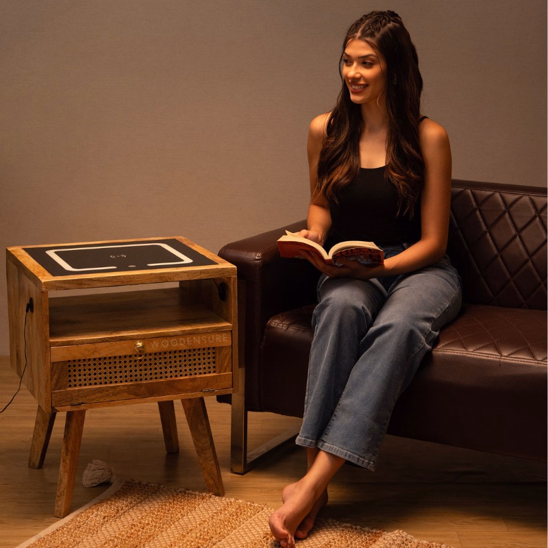 Smart Solid Wood Bedside Table with Wireless Charging S... | Solid Wood Side Table | Smart Solid Wood Bedside Table with Wireless Charging S...