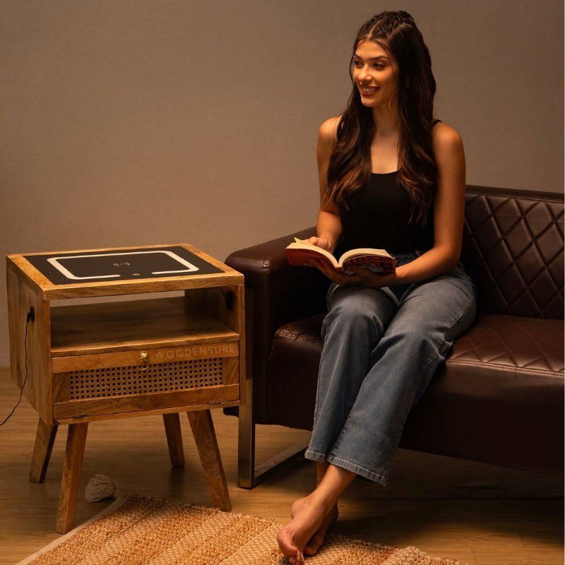 Smart Solid Wood Bedside Table with Wireless Charging Station, LED Light, Rattan D...