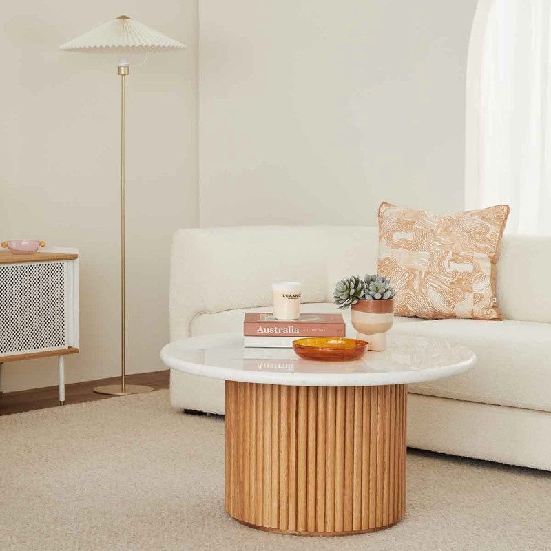 Round White Marble Coffee Table with Fluted Oak Wood Base – Modern Living Room Acc...