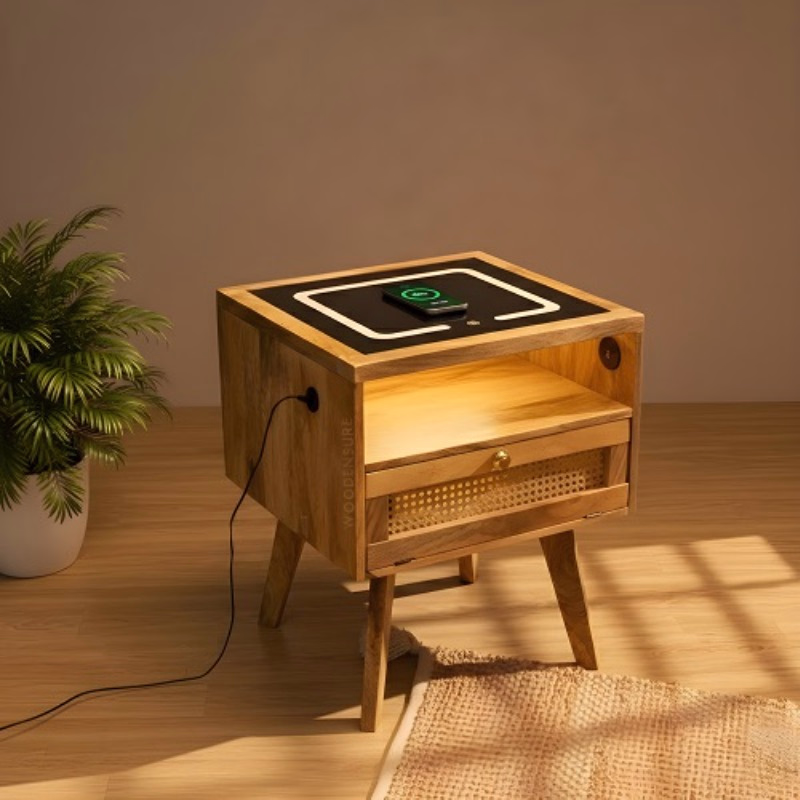 Smart Solid Wood Bedside Table with Wireless Charging Station, LED Light, Rattan D...