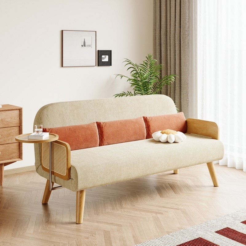 Mid-Century Beige Modern Rattan Daybed Full Folding Sof...
