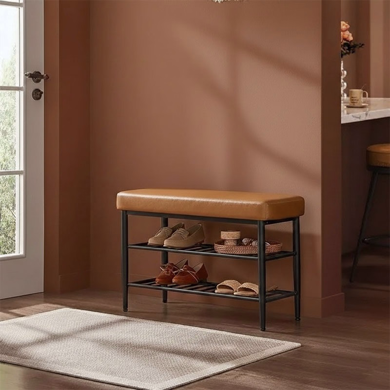 Entryway Storage Shoe Bench | Shoe Rack with Synthetic Leather Stitching (Caramel ...