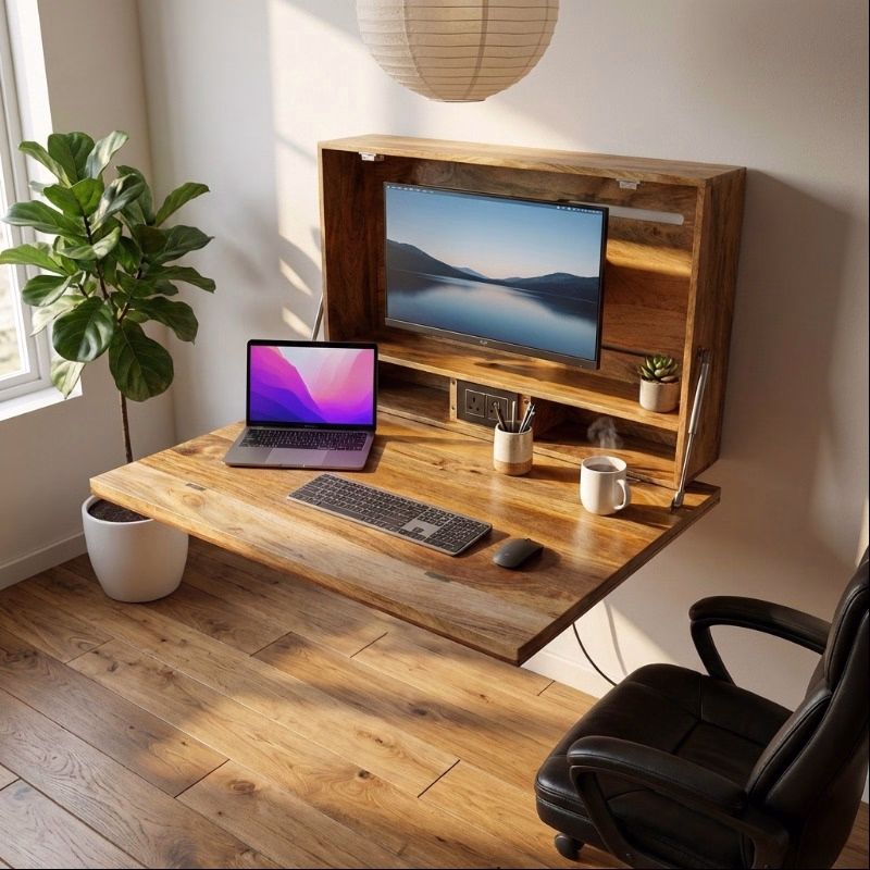 Acacia Wood Wall Mounted Fold Drop Down Desk/Table for Home & Office