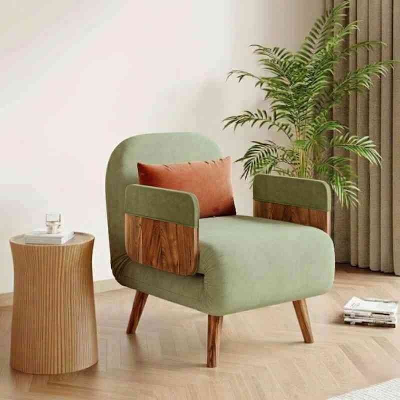Mid-Century Green Convertible 1-Seater Sofa Cum Bed with Solid Wood Arm Base