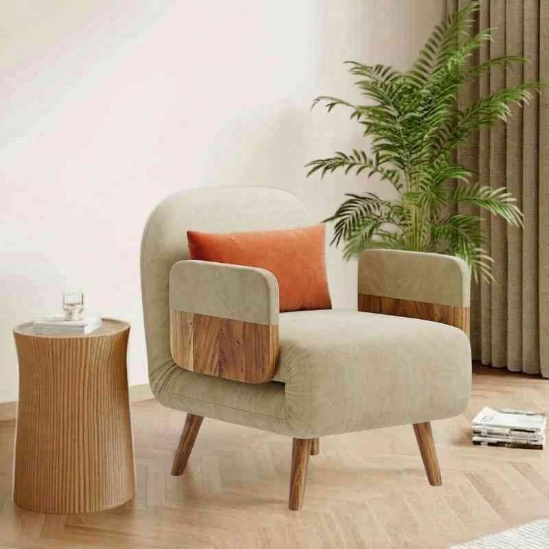 Mid-Century Beige Convertible 1-Seater Sofa Cum Bed with Solid Wood Arm Base