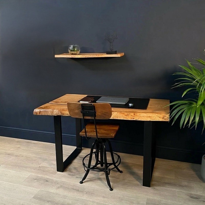 Live Edge Executive Desk with Floating Wall Shelf – Solid Wood Office Table (Natur...