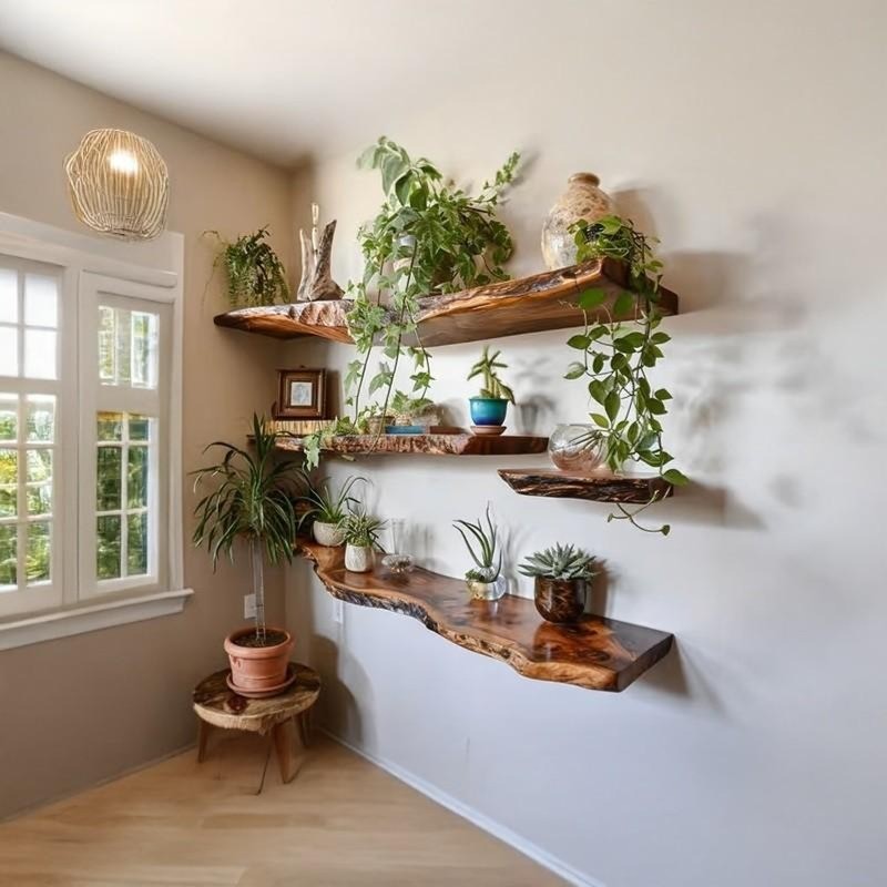 Rustic Live Edge Solid Wood Floating Wall Shelves (Set of 4 Shelf) – Natural Farmh...