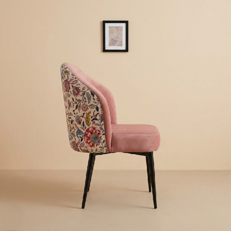 Blush Pink Velvet Accent Chair with Floral Printed Backrest & Removable Black Wood...