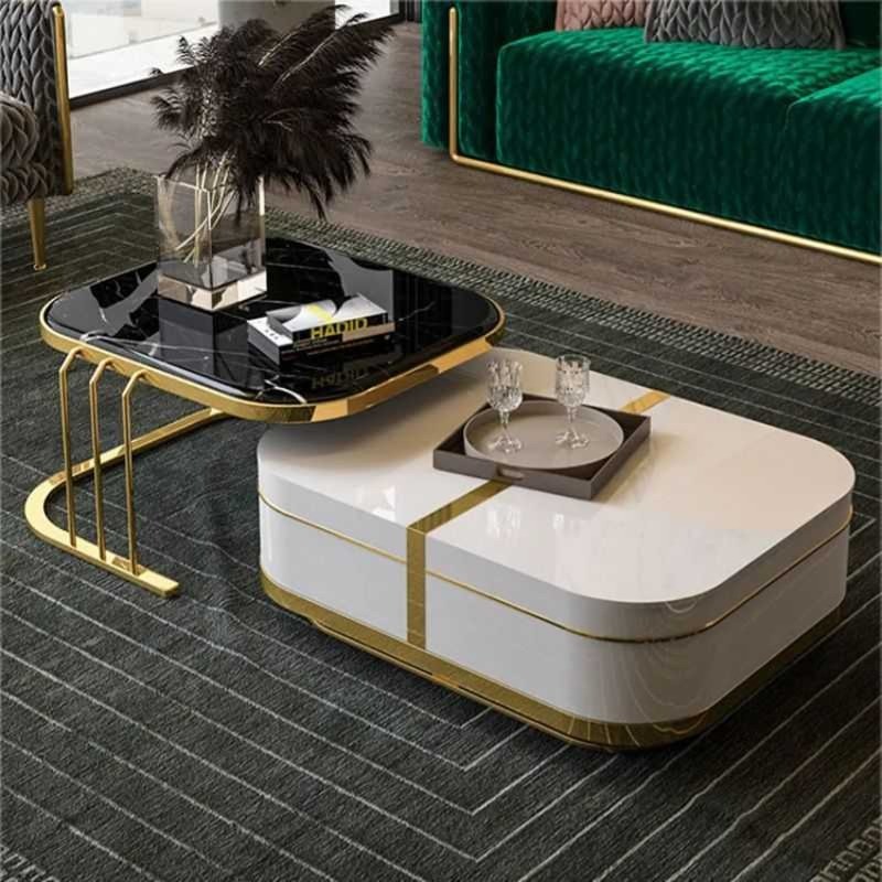 Luna Coffee Table Set | White Gloss with Gold Accents | Black Marble Top | Living ...
