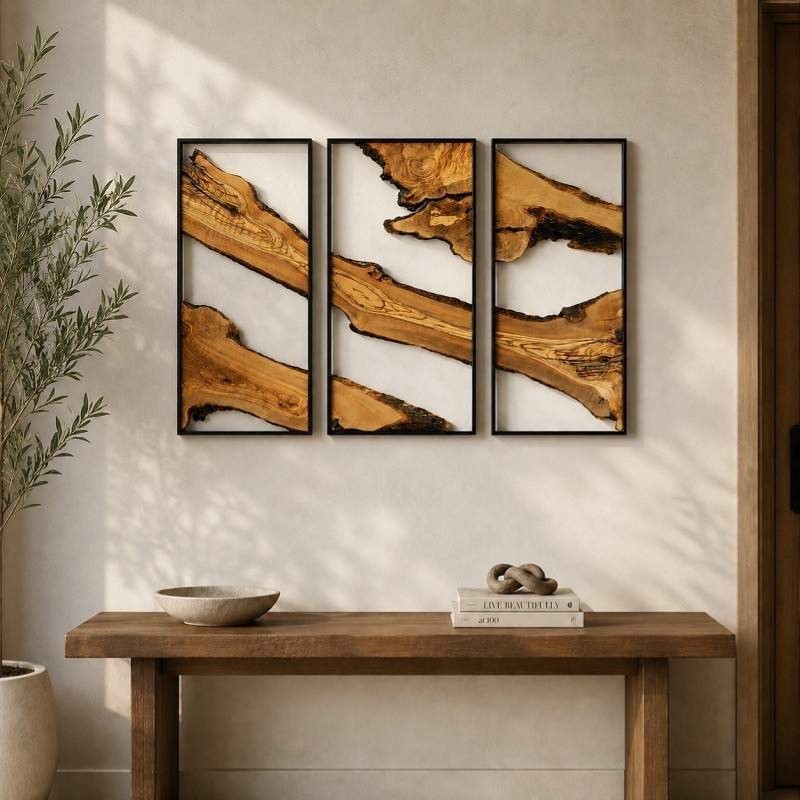 Rustic Natural Wood Wall Art Panels with Black Metal Frame – Luxury Living Room De...