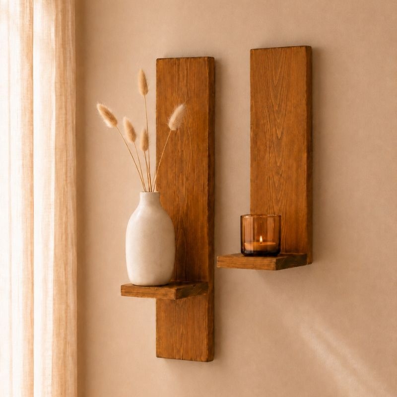 Rustic Wall Hanging Wooden Shelves (Set of 2), Solid Wood Plant Display Shelves