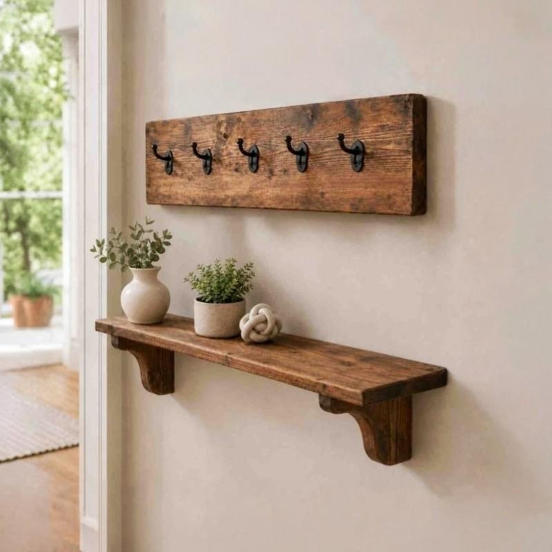 Farmhouse Wall Key Organizer with Wooden Display Shelf, Rustic Entryway Key Holder