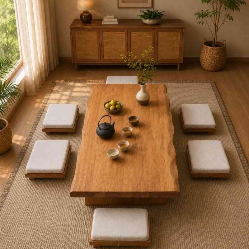 Japanese Style Solid Wood Tatami Tea Table Set with Cushioned Floor Chairs - Recta...