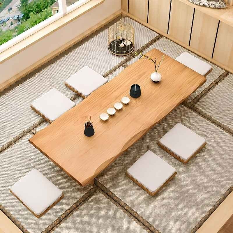 Japanese Style Solid Wood Tatami Tea Table Set with Cushioned Floor Chairs - Recta...
