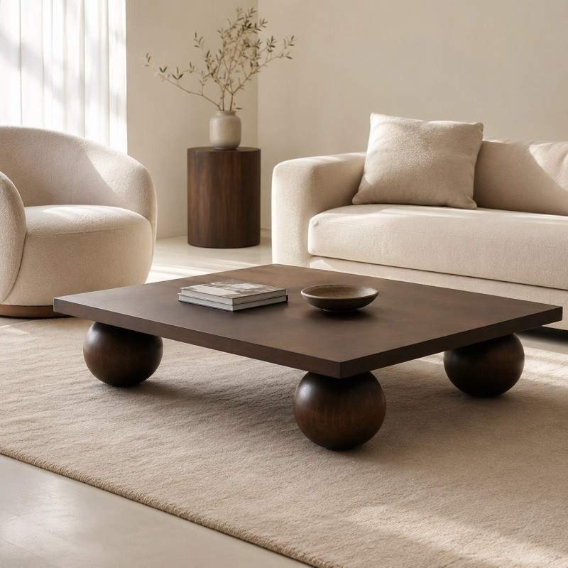 Modern Solid Wood Square Coffee Table with Spherical Wooden Legs – Dark Solid Wood...